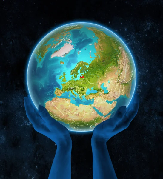 Letland Planeet Aarde Met Zichtbare Landsgrenzen Handen Ruimte Illustratie — Stockfoto