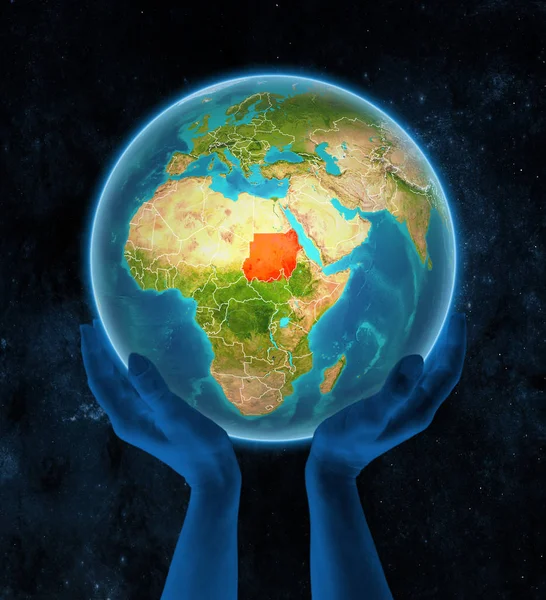 Sudan Sul Pianeta Terra Con Confini Nazionali Visibili Mano Nello — Foto Stock
