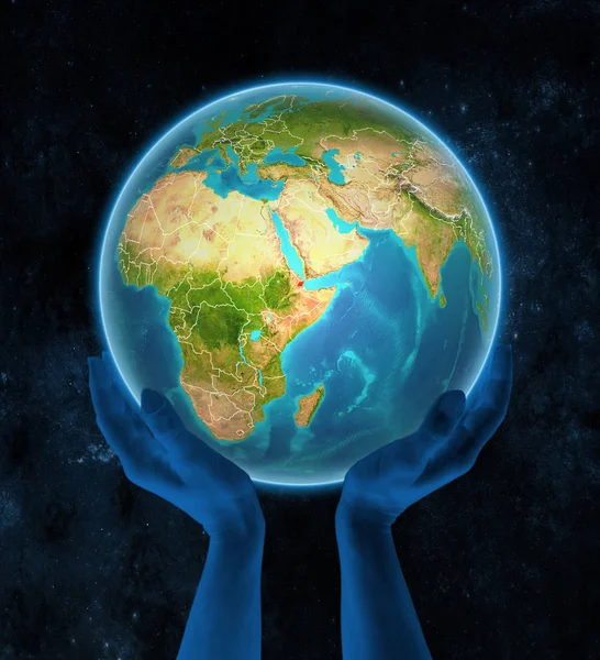 Джибути Планете Земля Видимыми Границами Страны Руках Космосе Иллюстрация — стоковое фото