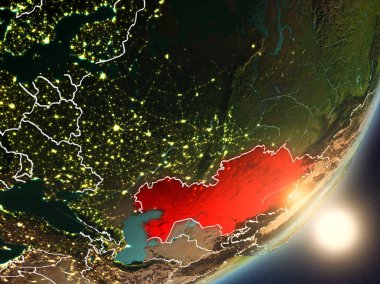 Kazakistan son derece detaylı yüzey dokuları ve görünür ülke sınırları ile uzaydan. 3D çizim. Nasa tarafından döşenmiş bu görüntü unsurları.