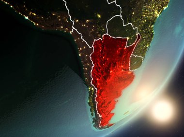 Arjantin son derece detaylı yüzey dokuları ve görünür ülke sınırları ile uzaydan. 3D çizim. Nasa tarafından döşenmiş bu görüntü unsurları.