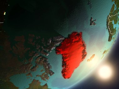 Grönland son derece detaylı yüzey dokuları ve görünür ülke sınırları ile uzaydan. 3D çizim. Nasa tarafından döşenmiş bu görüntü unsurları.