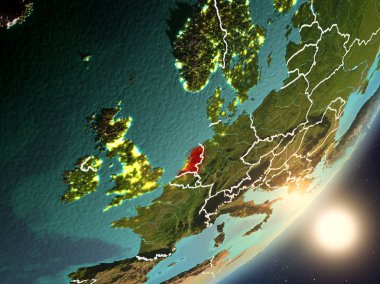 Hollanda son derece detaylı yüzey dokuları ve görünür ülke sınırları ile uzaydan. 3D çizim. Nasa tarafından döşenmiş bu görüntü unsurları.