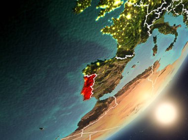 Portekiz son derece detaylı yüzey dokuları ve görünür ülke sınırları ile uzaydan. 3D çizim. Nasa tarafından döşenmiş bu görüntü unsurları.