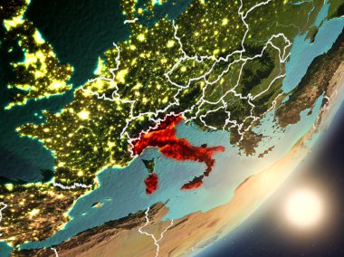 İtalya son derece detaylı yüzey dokuları ve görünür ülke sınırları ile uzaydan. 3D çizim. Nasa tarafından döşenmiş bu görüntü unsurları.