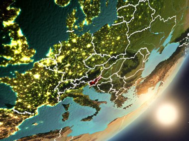Slovenya son derece detaylı yüzey dokuları ve görünür ülke sınırları ile uzaydan. 3D çizim. Nasa tarafından döşenmiş bu görüntü unsurları.