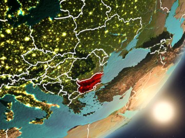 Bulgaristan çok detaylı yüzey dokuları ve görünür ülke sınırları ile uzaydan. 3D çizim. Nasa tarafından döşenmiş bu görüntü unsurları.