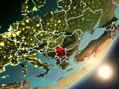 Sırbistan son derece detaylı yüzey dokuları ve görünür ülke sınırları ile uzaydan. 3D çizim. Nasa tarafından döşenmiş bu görüntü unsurları.