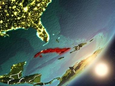 Küba'dan son derece detaylı yüzey dokuları ve görünür ülke sınırları ile alan. 3D çizim. Nasa tarafından döşenmiş bu görüntü unsurları.