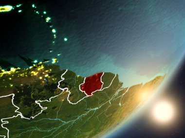 Surinam son derece detaylı yüzey dokuları ve görünür ülke sınırları ile uzaydan. 3D çizim. Nasa tarafından döşenmiş bu görüntü unsurları.