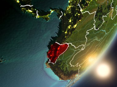 Ekvador son derece detaylı yüzey dokuları ve görünür ülke sınırları ile uzaydan. 3D çizim. Nasa tarafından döşenmiş bu görüntü unsurları.