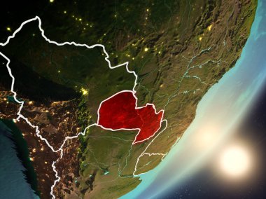 Paraguay ile son derece detaylı yüzey dokuları ve görünür ülke sınırları uzaydan. 3D çizim. Nasa tarafından döşenmiş bu görüntü unsurları.