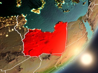 Libya son derece detaylı yüzey dokuları ve görünür ülke sınırları ile uzaydan. 3D çizim. Nasa tarafından döşenmiş bu görüntü unsurları.