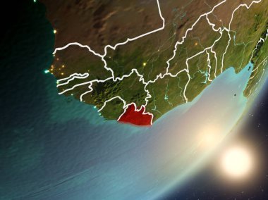 Liberya son derece detaylı yüzey dokuları ve görünür ülke sınırları ile uzaydan. 3D çizim. Nasa tarafından döşenmiş bu görüntü unsurları.