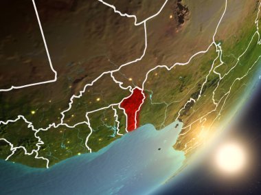 Benin son derece detaylı yüzey dokuları ve görünür ülke sınırları ile uzaydan. 3D çizim. Nasa tarafından döşenmiş bu görüntü unsurları.