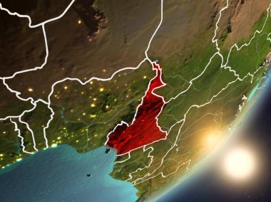 Kamerun son derece detaylı yüzey dokuları ve görünür ülke sınırları ile uzaydan. 3D çizim. Nasa tarafından döşenmiş bu görüntü unsurları.