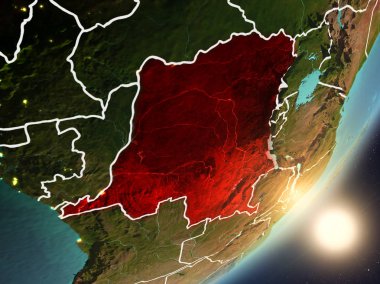 Demokratik Kongo Cumhuriyeti son derece detaylı yüzey dokuları ve görünür ülke sınırları ile uzaydan. 3D çizim. Nasa tarafından döşenmiş bu görüntü unsurları.