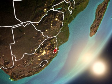 Svaziland son derece detaylı yüzey dokuları ve görünür ülke sınırları ile uzaydan. 3D çizim. Nasa tarafından döşenmiş bu görüntü unsurları.