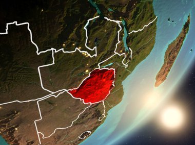 Zimbabve son derece detaylı yüzey dokuları ve görünür ülke sınırları ile uzaydan. 3D çizim. Nasa tarafından döşenmiş bu görüntü unsurları.