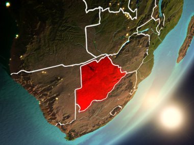 Botsvana son derece detaylı yüzey dokuları ve görünür ülke sınırları ile uzaydan. 3D çizim. Nasa tarafından döşenmiş bu görüntü unsurları.