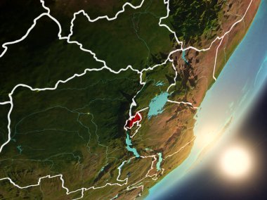 Ruanda son derece detaylı yüzey dokuları ve görünür ülke sınırları ile uzaydan. 3D çizim. Nasa tarafından döşenmiş bu görüntü unsurları.