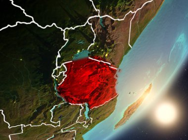 Tanzanya son derece detaylı yüzey dokuları ve görünür ülke sınırları ile uzaydan. 3D çizim. Nasa tarafından döşenmiş bu görüntü unsurları.