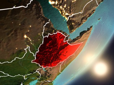 Etiyopya son derece detaylı yüzey dokuları ve görünür ülke sınırları ile uzaydan. 3D çizim. Nasa tarafından döşenmiş bu görüntü unsurları.