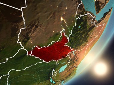 Güney Sudan çok detaylı yüzey dokuları ve görünür ülke sınırları ile uzaydan. 3D çizim. Nasa tarafından döşenmiş bu görüntü unsurları.