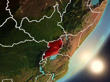 Uganda son derece detaylı yüzey dokuları ve görünür ülke sınırları ile uzaydan. 3D çizim. Nasa tarafından döşenmiş bu görüntü unsurları.