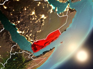 Yemen çok detaylı yüzey dokuları ve görünür ülke sınırları ile uzaydan. 3D çizim. Nasa tarafından döşenmiş bu görüntü unsurları.