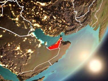 Birleşik Arap Emirlikleri son derece detaylı yüzey dokuları ve görünür ülke sınırları ile uzaydan. 3D çizim. Nasa tarafından döşenmiş bu görüntü unsurları.