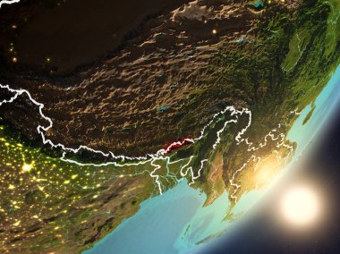 Bhutan son derece detaylı yüzey dokuları ve görünür ülke sınırları ile uzaydan. 3D çizim. Nasa tarafından döşenmiş bu görüntü unsurları.