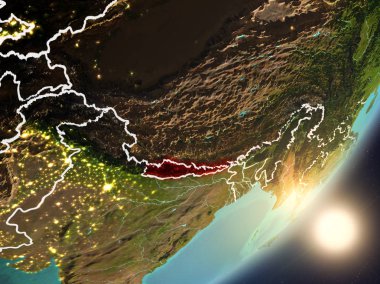 Nepal son derece detaylı yüzey dokuları ve görünür ülke sınırları ile uzaydan. 3D çizim. Nasa tarafından döşenmiş bu görüntü unsurları.