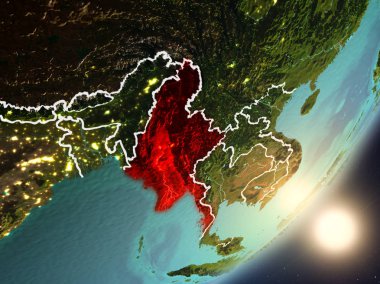 Myanmar son derece detaylı yüzey dokuları ve görünür ülke sınırları ile uzaydan. 3D çizim. Nasa tarafından döşenmiş bu görüntü unsurları.