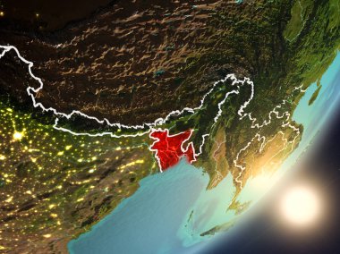 Bangladeş son derece detaylı yüzey dokuları ve görünür ülke sınırları ile uzaydan. 3D çizim. Nasa tarafından döşenmiş bu görüntü unsurları.