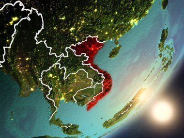 Vietnam son derece detaylı yüzey dokuları ve görünür ülke sınırları ile uzaydan. 3D çizim. Nasa tarafından döşenmiş bu görüntü unsurları.