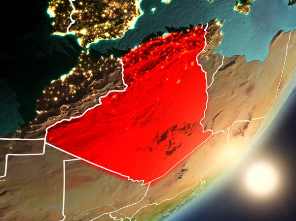 Cezayir son derece detaylı yüzey dokuları ve görünür ülke sınırları ile uzaydan. 3D çizim. Nasa tarafından döşenmiş bu görüntü unsurları.