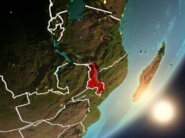 Malavi son derece detaylı yüzey dokuları ve görünür ülke sınırları ile uzaydan. 3D çizim. Nasa tarafından döşenmiş bu görüntü unsurları.