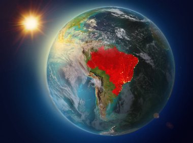 Yukarıda kırmızı Planet Earth atmosfer ve bulutlar ile vurgulanan Brezilya gün batımı. 3D çizim. Nasa tarafından döşenmiş bu görüntü unsurları.