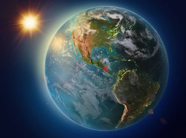 Günbatımı red Planet Earth atmosfer ve bulutlar ile vurgulanmış Nikaragua yukarıda. 3D çizim. Nasa tarafından döşenmiş bu görüntü unsurları.