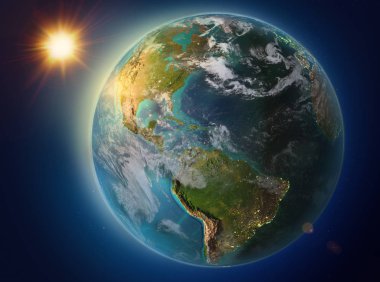 Günbatımı red Planet Earth atmosfer ve bulutlar ile vurgulanmış Caribbean yukarıda. 3D çizim. Nasa tarafından döşenmiş bu görüntü unsurları.