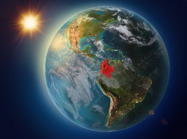 Günbatımı red Planet Earth atmosfer ve bulutlar ile vurgulanmış Kolombiya yukarıda. 3D çizim. Nasa tarafından döşenmiş bu görüntü unsurları.