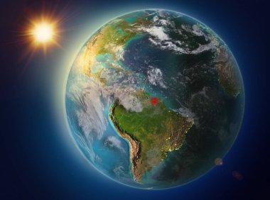 Günbatımı red Planet Earth atmosfer ve bulutlar ile vurgulanmış Surinam yukarıda. 3D çizim. Nasa tarafından döşenmiş bu görüntü unsurları.