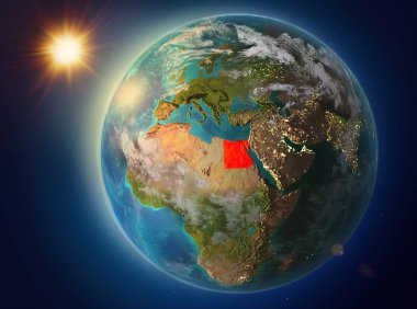 Günbatımı red Planet Earth atmosfer ve bulutlar ile vurgulanmış Mısır yukarıda. 3D çizim. Nasa tarafından döşenmiş bu görüntü unsurları.