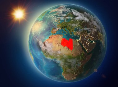Günbatımı red Planet Earth atmosfer ve bulutlar ile vurgulanmış Libya yukarıda. 3D çizim. Nasa tarafından döşenmiş bu görüntü unsurları.