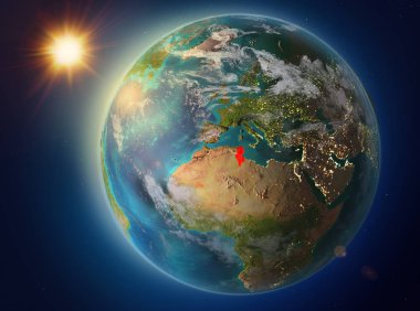Günbatımı red Planet Earth atmosfer ve bulutlar ile vurgulanmış Tunus yukarıda. 3D çizim. Nasa tarafından döşenmiş bu görüntü unsurları.