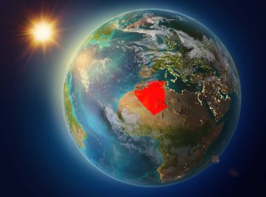 Günbatımı red Planet Earth atmosfer ve bulutlar ile vurgulanmış Cezayir yukarıda. 3D çizim. Nasa tarafından döşenmiş bu görüntü unsurları.