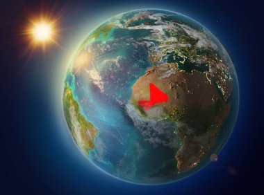 Günbatımı red Planet Earth atmosfer ve bulutlar ile vurgulanmış Mali yukarıda. 3D çizim. Nasa tarafından döşenmiş bu görüntü unsurları.