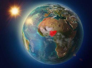 Günbatımı red Planet Earth atmosfer ve bulutlar ile vurgulanmış Nijerya yukarıda. 3D çizim. Nasa tarafından döşenmiş bu görüntü unsurları.