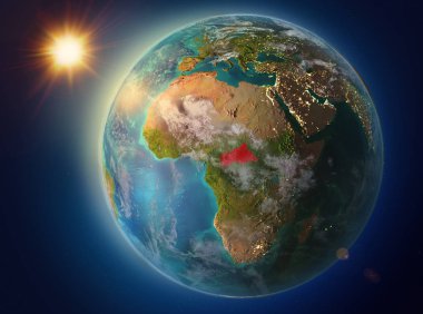Günbatımı yukarıda Orta Afrika Planet Earth atmosfer ve bulutlar ile kırmızı vurgulanır. 3D çizim. Nasa tarafından döşenmiş bu görüntü unsurları.